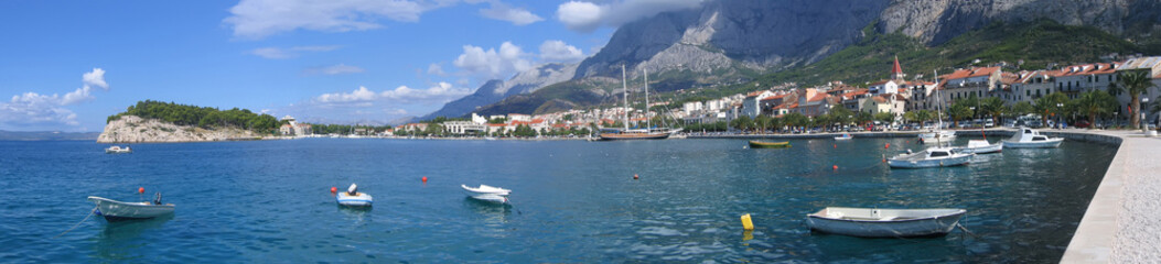 Panoramic view of Mediterranean town and harbor