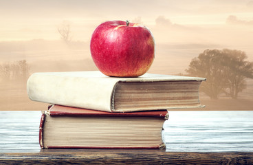 Books and apple in the morning