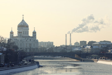Fototapeta na wymiar Moscow Kremlin Cathedral winter landscape embankment