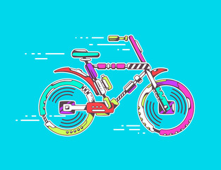 Fototapeta premium Vector illustration of bicycle moving fast on bright blue backgr