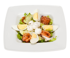 salad with lettuce, marinated salmon, mozzarella balls, egg, oli