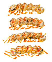 Japanese hot sushi rolls set isolated on white background