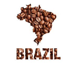 Brazil map and word coffee beans isolated on white
