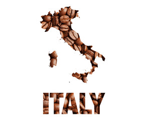 Italy map and word coffee beans isolated on white