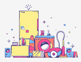 Vector illustration of large pile of bright household appliances