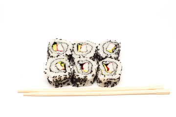 california roll sushi portion of six pieces with surimi, avocado, and sesam on white background - obrazy, fototapety, plakaty