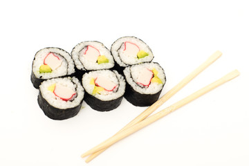 hosomaki sushi portion of six pieces with surimi, avocado, on white background - obrazy, fototapety, plakaty