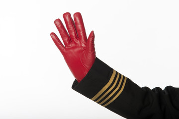 Four gold rings on airline officers uniform Hand waving