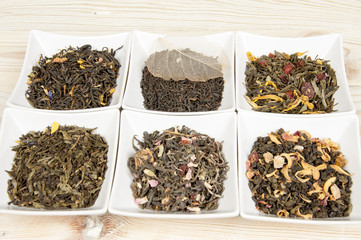 Various tea in a white bowls