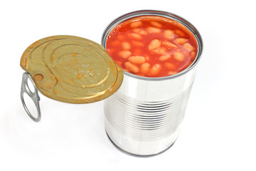 Open tin can of beans isolated on white