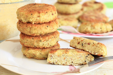 Vegan sea burger patties closeup background