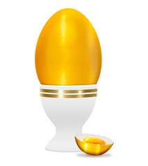 Ei, goldenes Frühstückseii mit Eierbecher und aufgeschlagenes