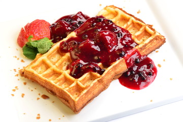 Waffles with berries. Selective focus