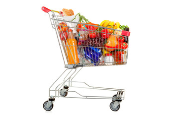 Shopping Trolley of Food on White Background.