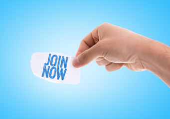 Join Now piece of paper with blue background