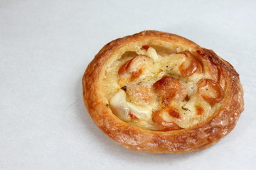 Pizza with ham, cheese and  on white
