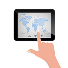 Hand touching blank screen of tablet computer.