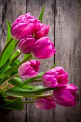 bouquet of pink tulips on a wooden background