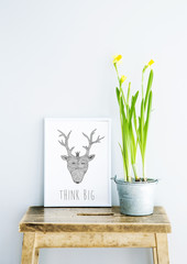 board THINK BIG  with doodle deer and flower. Hipster style