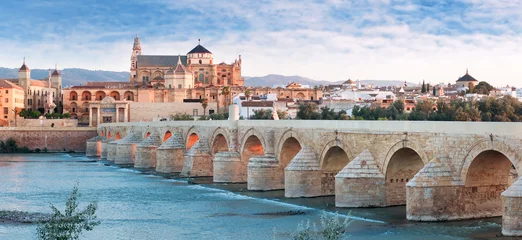Crédence en verre imprimé Madrid Pont romain et fleuve Guadalquivir, Grande Mosquée, Cordoue, Spai