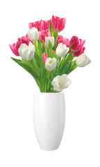 Bouquet of pink and white tulips in vase isolated on white backg