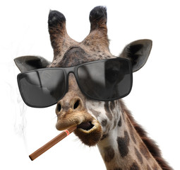 Giraffe with cool sunglasses smoking a cuban cigar like a boss