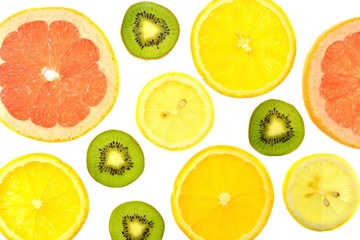 Background of different kinds citrus fruits and kiwis