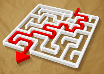 labyrinth maze 3d red vector on crumpled paper brown