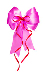 pink bow with red ribbon made from silk