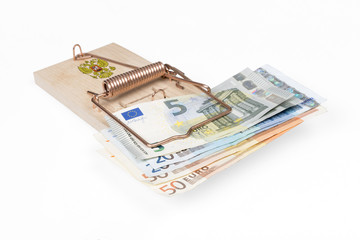 Russian mouse trap with Euro bill isolated with clipping path