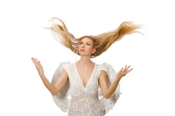 Naklejka premium Woman with angel wings isolated on white