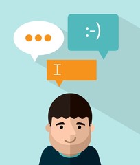 portrait of smiling man with speech bubbles above his head