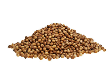 Heap coriander seeds on a white background