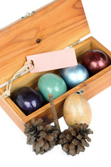Happy easter. Colorful easter eggs in wood box on white backgrou