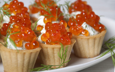 Caviar red fish  with  cream in small tartlets.