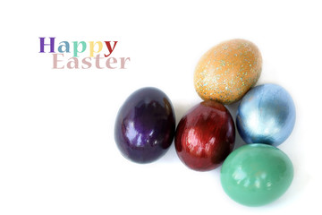 Colorful easter eggs on white background with Happy Easter sampl