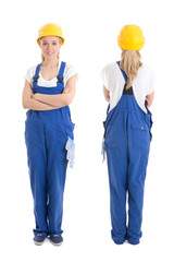 front and back view of woman in blue builder uniform isolated on