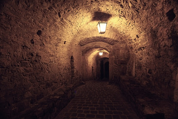 Night street in the old town stone fortress