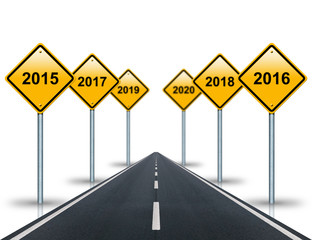 Years ahead road signs and road stretches into the distance.