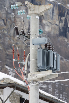 Electric Power Lines Connector In The Snow