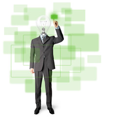 full length businessman with lamp-head push the button