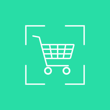white shopping trolley icon in dotted line frame