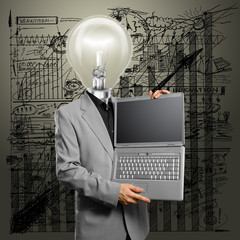 Lamp Head Businessman with Laptop