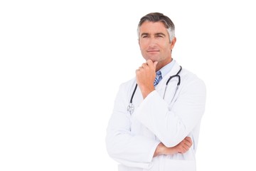 Fototapeta premium Doctor thinking with hand on chin