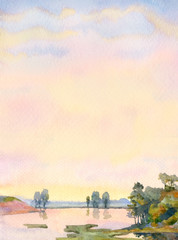 Obraz premium Watercolor background with the landscape