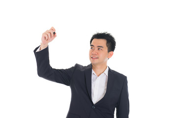 male writing something on glass board with marker