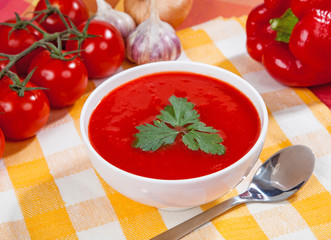 Tasty and healthy tomato soup and vegetables on the table