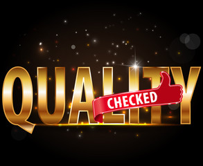quality checked golden typography text with thumbs up sign