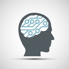 Vector icon of human head with a computer chip