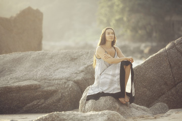 girl in a sundress summer on the rocks Model